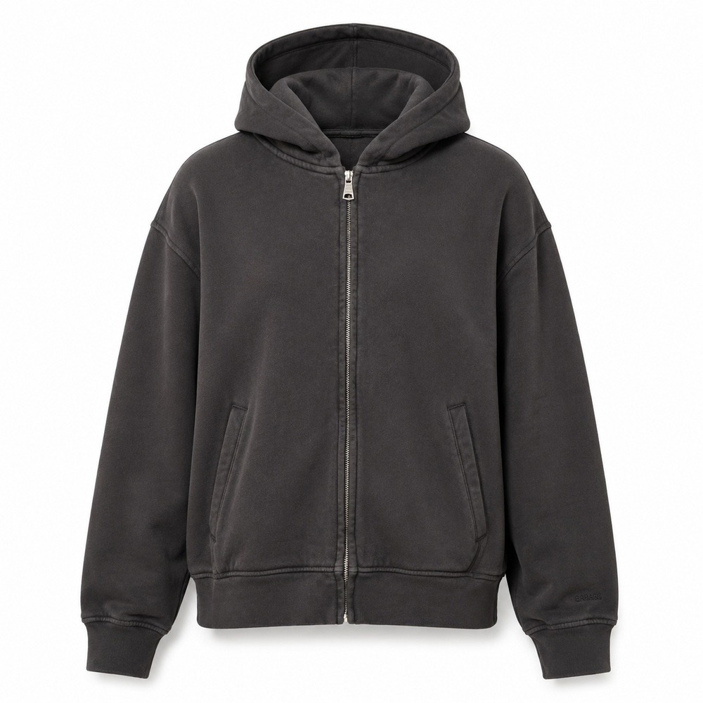Garage Zip Up Hoodie L/XL Washed Black Streetwear Jacket Cotton Skater Grunge